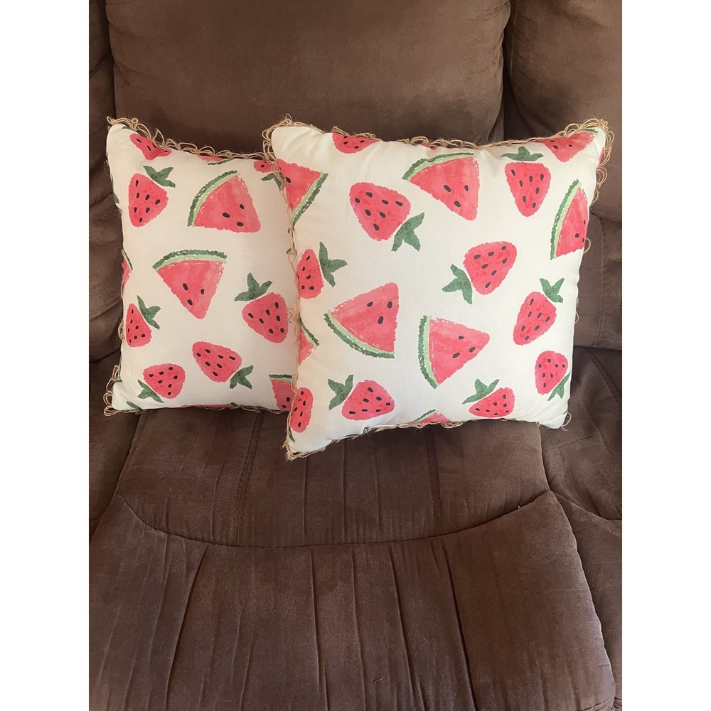 Watermelon & Strawberry Burlap Trim Throw Pillow Modern Farmhouse 18"x18"